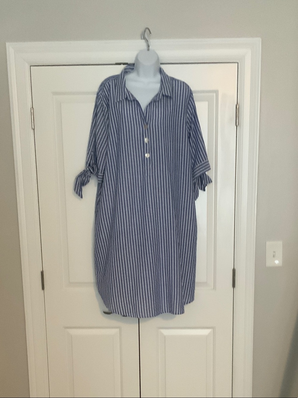 Blue and White Vertical Stripe Casual Button-Front dress